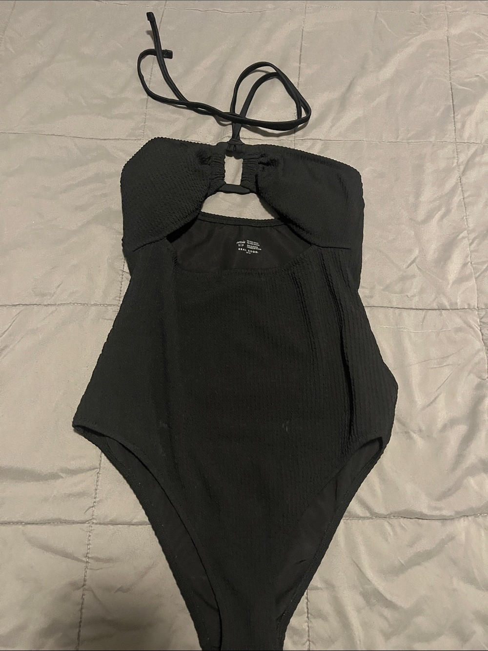 aerie Black Textured Halter One-Piece Swimsuit with Front Cutout
